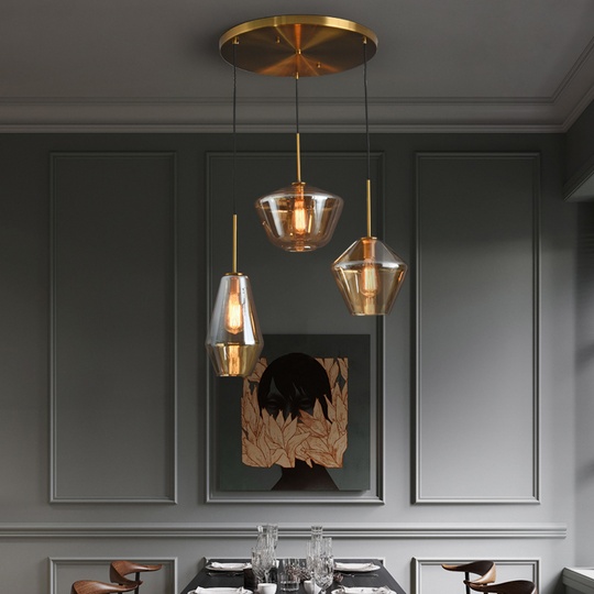 Подвесной светильник янтарный, 3 плафона. FEN GLASS RETRO - лофт, E27