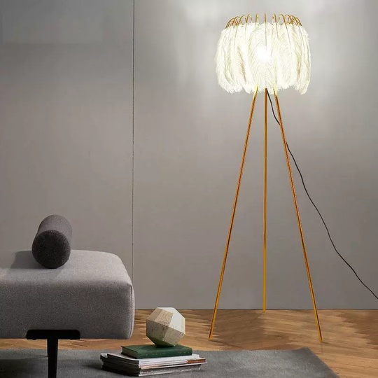 Торшер белый, золото Lumo, 45*45*160 см, светодиодный, E27, металл, перо, 20 Вт