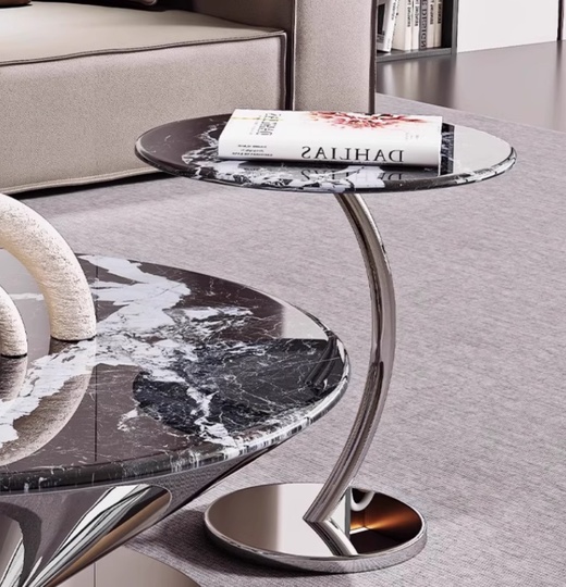 Журнальный стол круглый, серый 90*38*90 см, камень, металл - в итальянском стиле
