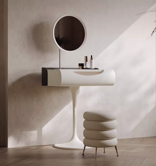 Туалетный стол сливочный 80*77*45,8 см, массив дерева, 1 ящик, с пуфом и зеркалом