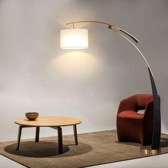 Торшер белый, черный, золото Calder, 135*182, светодиодный, E27, металл, ткань