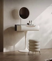 Туалетный стол сливочный 80*77*45,8 см, массив дерева, 1 ящик, с пуфом и зеркалом