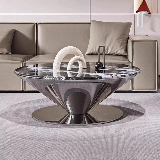 Журнальный стол круглый, серый 90*38*90 см, камень, металл - в итальянском стиле