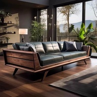 Прямой диван Thomas темный орех, дерево, кожа, 240*80*70 см