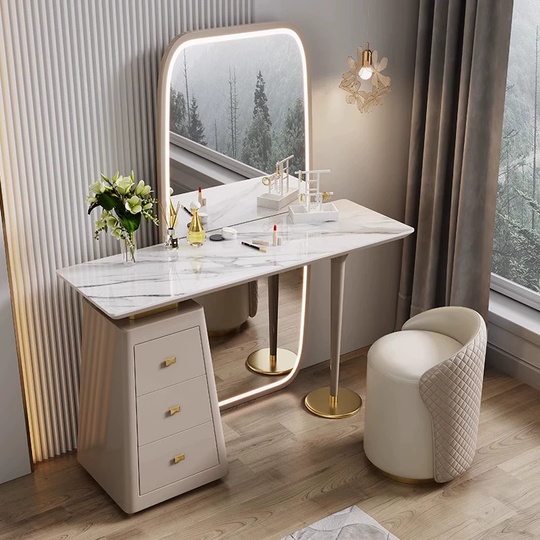Дизайнерский туалетный стол, бежевый глянец, 100*76*40 см, искусственный камень, 3 ящика